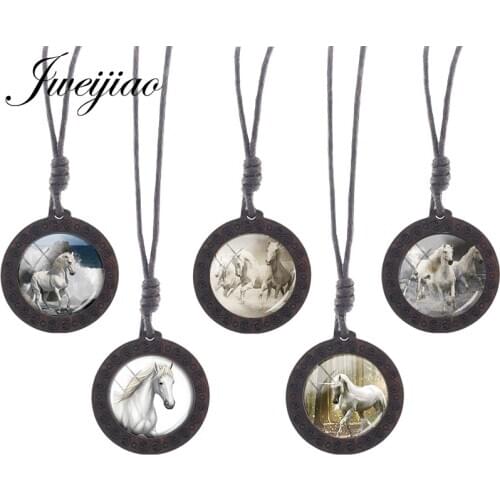 JWEIJIAO Running White Horse Rope Chains Vintage Necklace Wooden Pendant Glass Cabochon Dome Handmade Jewelry Birthday Gifts A41