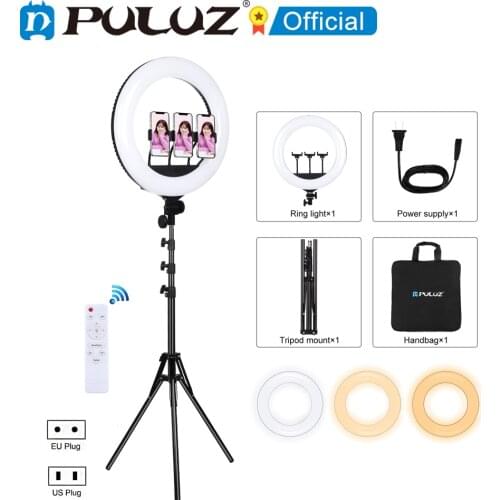 PULUZ 18 inch 46cm Ring Light + 1.8m Tripod Mount USB 3 Modes Dimmable White Light LED Curved Surface Ring Video Lights Kit