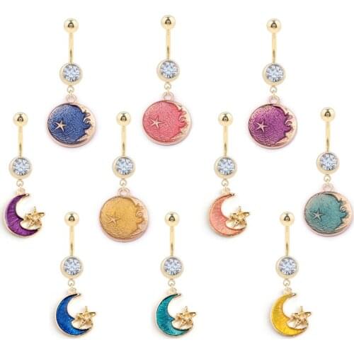 1PC Stainless Steel Rhinstone Piercing Navel Sexy Moon Star Dangle Navel Rings Belly Button Ring Planet Body Piercing Jewelry