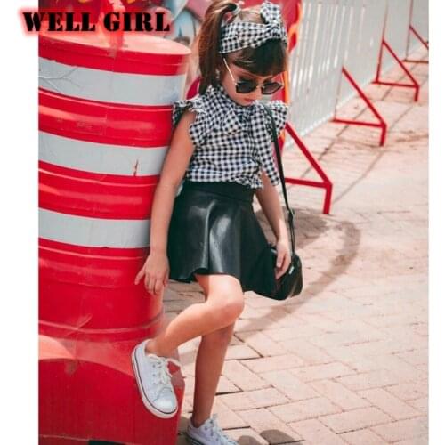 Three piece set baby girls clothes fly sleeve shirt + PU leather skirt + hairband fashion toddler girl outfits bow kids plaids