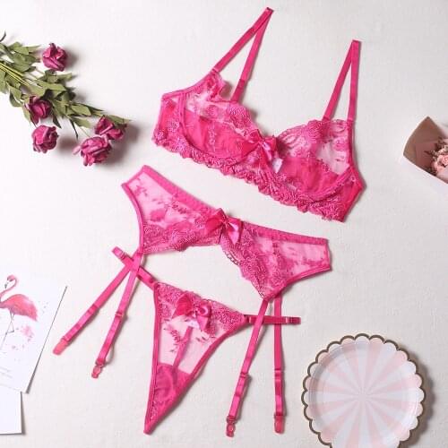 Floral Embroidery Bras Set Sexy Lingerie Women Thin Push up Bra Bra+Garters+Thong 3 Piece Set See Through Pink Underwear