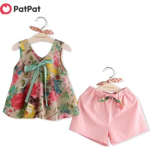 PatPat 2020 New Summer Baby and Toddler Girl Floral Bowknot Decor Top and Shorts Sets Elastic design