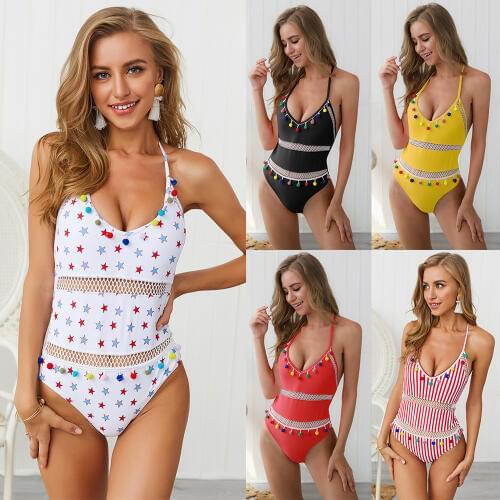 Fashion one-piece swimsuit 2019 new mesh ladies swimsuit Cute colorful tassel ball striped one-piece swimsuit Summer beachwear