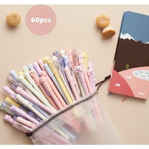 60pcs Cartoon Cute Design Gel Pen Set with Storage Bag 0.5mm Ballpoint Black Color Ink Pens Value Pack Stationery School A6871