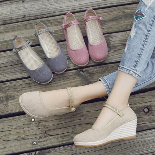 2020 New Beijing Cloth Shoes Song Clothing Wedge Sandlas National Style National Disk Buckle Literary Womens Shoes Single Shoes