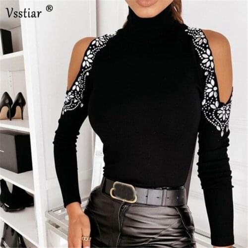 New Diamonds Long Sleeve Women T-Shirt Sexy Hollow Out Off Shoulder Skinny Tops Female Party Clothes Plus Size