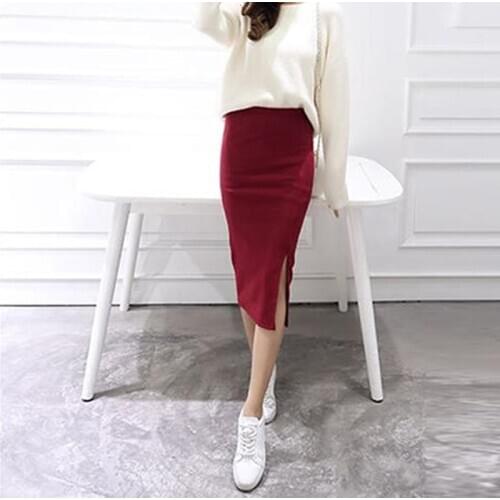 2021 Autumn Winter Bodycon Skirt Women Split Skirt Mid Calf Slim Pencil Skirts For Women Female Knit Hip Sexy Skirt