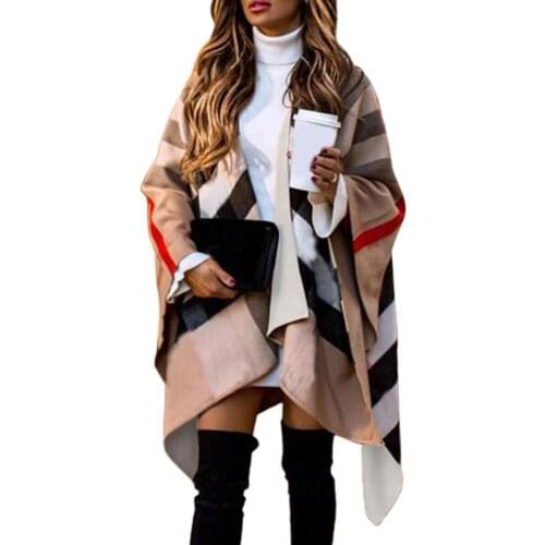 Autumn Winter Fashion Women Plaid Coat Shawls Fashion Batwing Sleeve Coat Plaid Stripes Poncho Scarf Shawl Woman Clothing