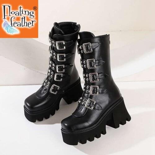 Sexy Buckle Womens winter high boots Leather Block Heel Gothic Black Punk Style Platform Shoes Female Footwear Womens shoes