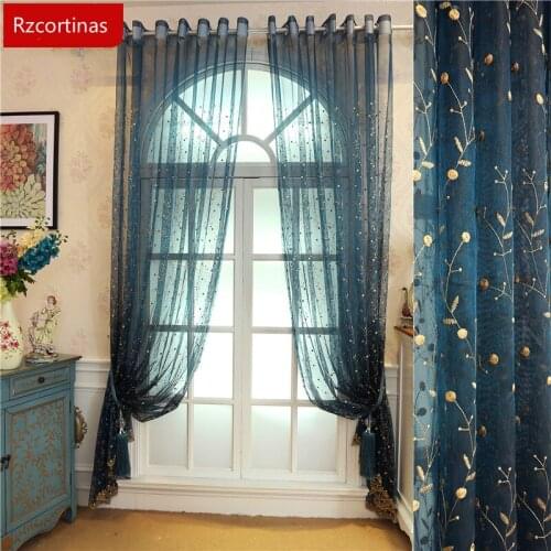 Simple Modern Embroidery Sheer Curtain European Window Curtains for Bedroom White and Peacock Blue Living Room Tulle Curtains