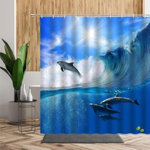 Blue Sea Wave Dolphin Bath Shower Curtain Ocean Scenery Bathroom Decor 3D Creative Marine Animal Photo Fabric Curtains 240X180cm
