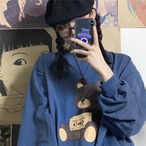 Harajuku Cute Bear Print Women Hoodies Oversized Crewneck Sweatshirt Thin Female Loose Pullover Long Sleeve Tops For Girls Teens