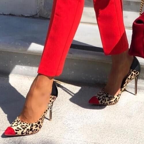 Sexy Leopard Stiletto Heel Pumps Red Pointed Toe Patchwork High Heel Dress Shoes Mixed Shallow Party Banquet Shoes Drop Ship