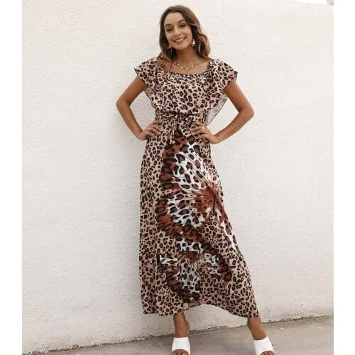 Women Robe Femme Summer Print A-Line Dress Bandage Ruffles Slash Neck Long Dress For Woman Clothing 2021 Causal Vestido De Mujer