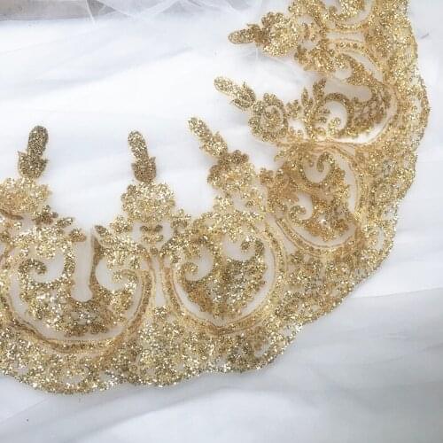3M/lot 14/18/22cm Champagne gold shiny beads hot diamond lace flower embroidery wedding dress clothing accessories X061