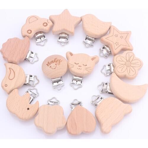 5Pcs/Lot Food Grade Beech Wooden Clip Animal Heart Shape Dummy Clip for Baby Teething Pacifier Chain Holder DIY Accesories
