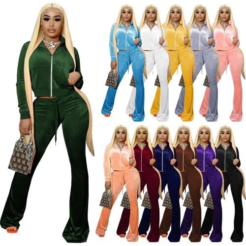 Casaul Women Tracksuit Two Piece Set Velvet Zipper Coat And Long Pants Sportsuit Drawstring Clothes For Women Outfit