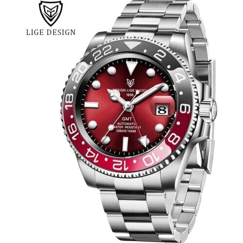 2020 LIGE DESIGN Men GMT Automatic Mechanical Watch Ceramic Bezel 316L Stainless Steel 100ATM Waterproof Sapphire Glass Watches