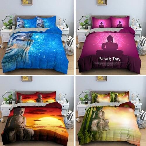 Buddha Statue Bedding Set Queen Size 3D Sunset Luxury Duvet Cover Blue Purple Comforter Covers Sets 2/3Pcs