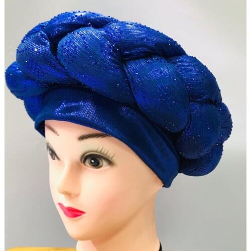 Yellow Nigerian Gele Headtie Aso Oke Gele Already Made Auto Gele Aso African Turban Cap With Beads For Party 1Piece