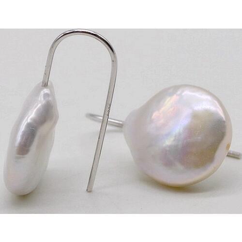 Short pearl earrings. Natural white coin baroque pearl. 925 sterling silver hook. Womens pearl earrings, simple style