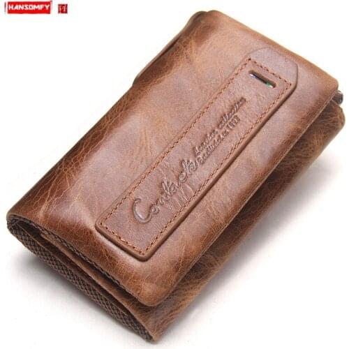 New Mens Wallet Genuine Leather Fashion Key Bag Multi-function Three Fold Coin Purses Male Short Wallets Cow Leather Men Zipper