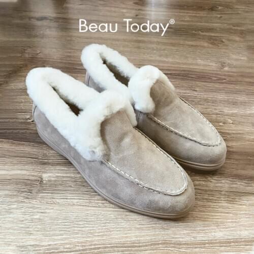 BeauToday Loafers Winter Women Kid Suede Leather Round Toe Slip-On Warm Short Plush Ladies Flat Fur Shoes Handmade 27820