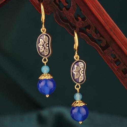 Original Vintage Cloisonne Long Blue Flower Drop Earring Ethnic Chinas Wind Earrings for Women Gift Jewelry