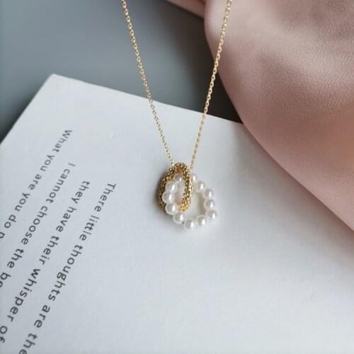 Korean Chic Simulation Pearl Geometric Pendant Necklace for Women Femme Gold Color Alloy Charming Necklaces Holiday Jewelry Gift