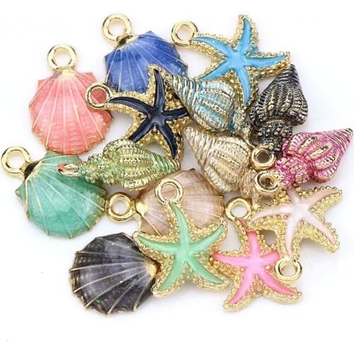 DIY 15pcs/lot Nautical Ocea Enamel Sea Starfish Shell Conch Hippocampus Charms Colorful Oil Drop Pendant For Jewelry Accessories