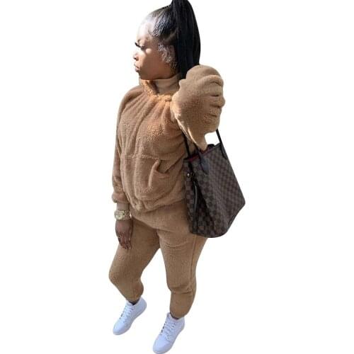 Adogirl Casual Women Plush Warm Fluffy Suits Long Sleeve Hooded Sweatshirt Jogger Pants Two Pieces Set Sporty Home Tracksuits