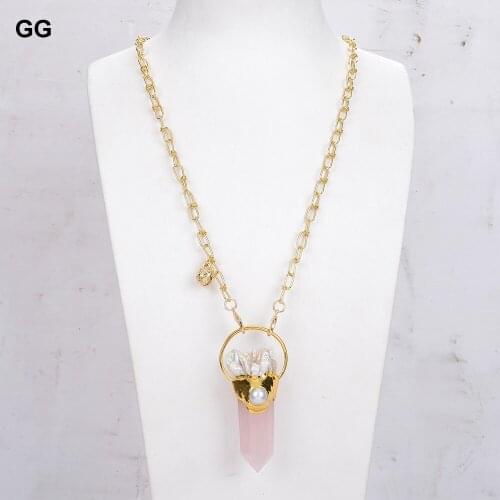 GuaiGuai Jewelry 23'' Rose Quartz Point Pendant Biwa Pearl Pendant Chain Necklace