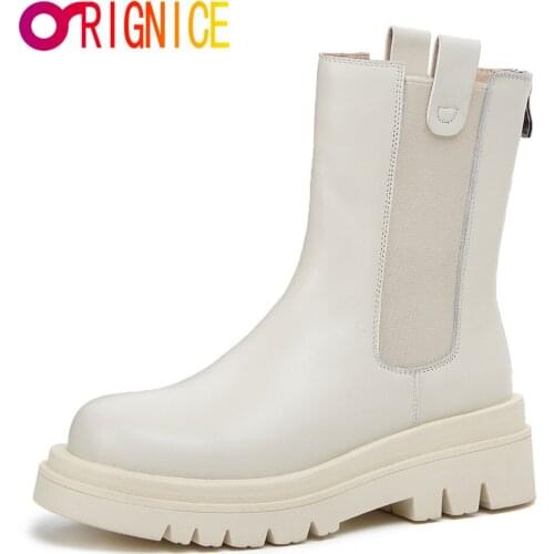 Orignice Brand Designer Chelsea Ankle Boots Women High Quality Leather Black Female Autumn Fashion Platform Chunky Heel Shoes