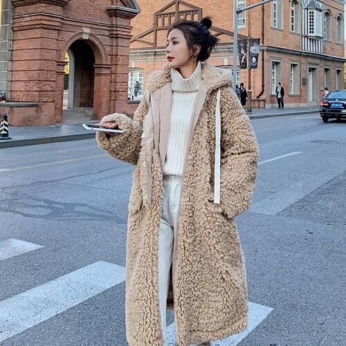 Winter Coat Women Sheep Shearing Overcoat 2021 Korean Fashion Hooded Lambswool Long Fur Coat Casual Women Jacket Fur Outerwear