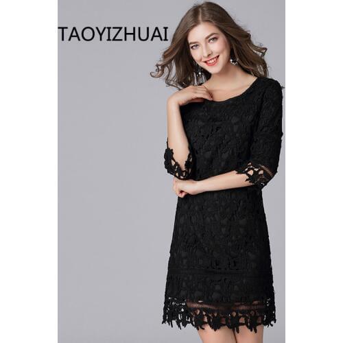 TAOYIZHUAI New black color office lady dress straight three quarter patchwork above knee big Size office party dress 14026