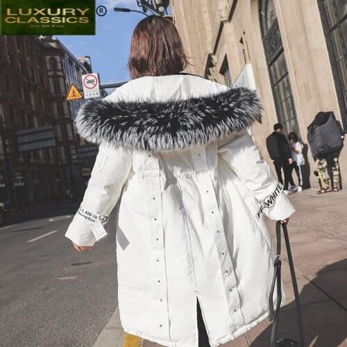Winter 2021 Coat Brand Women White Duck Down Jacket Korean Real Raccoon Fur Coat Female Long Warm Down Parkas Hiver 19003