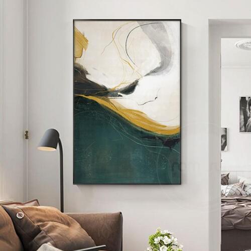 Abstract Style Canvas Art Painting Dark Blue Ocher and Green Combine with Warm White Wall Pictures for Living Room HD Home Deco