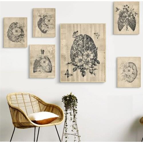 Antique Floral Anatomy Poster Heart Lungs Brain Medical Wall Art Print Canvas Painting Abstract Picture Clinic Home Decoration