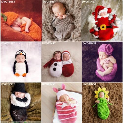 Dvotinst Newborn Baby Photography Props Crochet Knit Sleeping Bag+Hat Set Studio Shoots Photo Props Fotografia Accessories