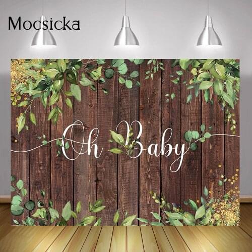 Oh Baby Birthday Party Backdrop Green Leaves Newborn Baby Shower Photo Background Golden Dots vintage Rustic Wood Photoshoot