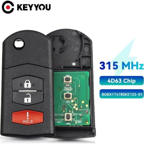 KEYYOU BGBX1T478SKE125-01 3 Buttons Flip Car Remote Key 315Mhz For Mazda 3 5 6 CX-7 CX-9 MX-5 Miata 4D63 Chip 2009-2012 Fob Key