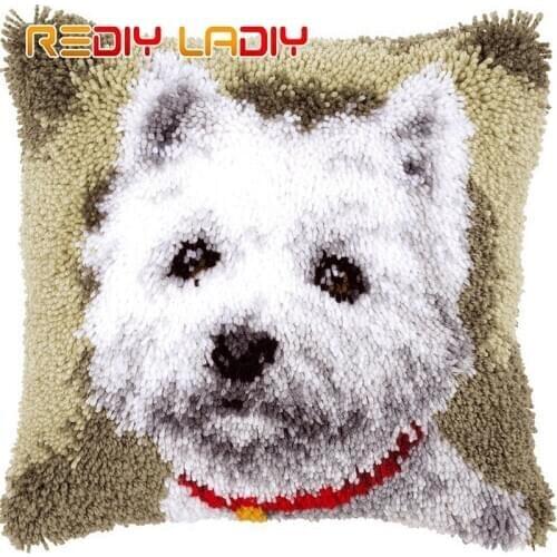 Latch Hook Kits Dog Brothers Cushion Cover Pre-Printed Canvas DIY Yarn Crochet Crafts Pillow Case Size 43x43cm Sofa Bed Pillows