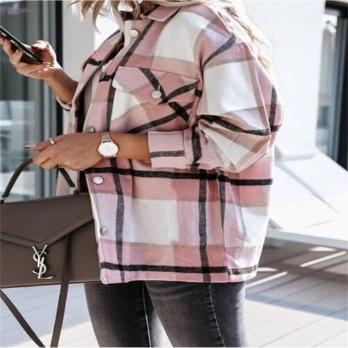 Hot Sale Fashion Women Plaid Shirt Jackets Casual Loose Oversized Jacket Turn-down Collar Coat Streetwear Female Autumn Outwear