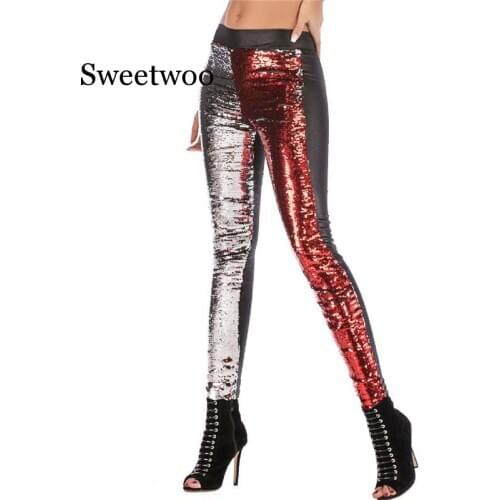 Womens Sequins Leggings Imitation Leather Stitching Eleagnt Womans Pants Sequined Feet Pants Female Casual Sexy Pants