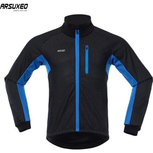 ARSUXEO Men Winter Cycling Jacket Fleece Thermal Bicycle Clothing Windproof Waterproof MTB Coat Mountain Bike Jersey Reflective