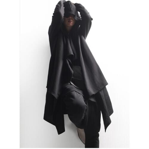 Mens coat autumn and winter fashion loose medium long cardigan windbreaker mens hooded casual coat large dark Yamamoto style