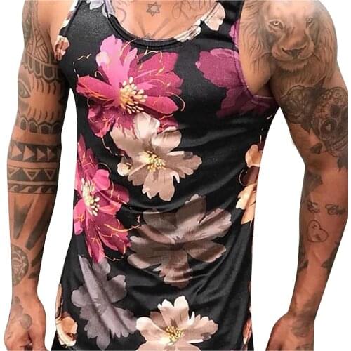 Sport Mens Flower Printed Tank Top Summer 2021 Street Sleeveless Shirts Fitness Clothing Men Casual Slim Vest Harajuku Tops