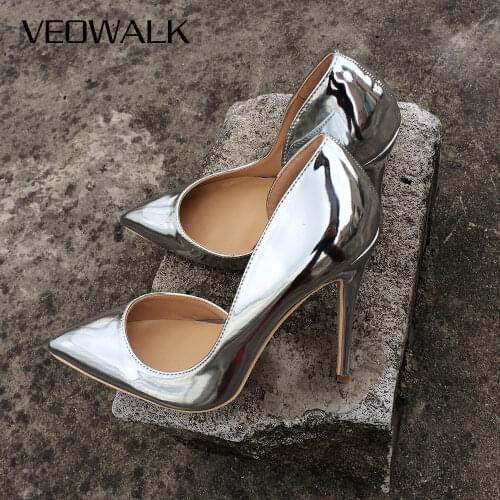 Veowalk Shiny Silver Women D'Orsay High Heels Pointed Toe Sexy Ladies 12/10/8cm Heeled Party Shoes Wedding Bride Bridal Pumps