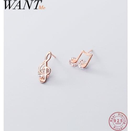 WANTME 925 Sterling Silver Romantic Shiny Zircon Musical Note Stud Earrings for Women Chic Charming Party Jewelry Accessories