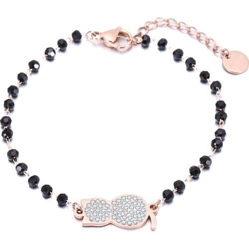 Stainless Steel Cat CZ Charm Bracelets For Women Black Crystal Beads Chain Bracelet Female Fashion Jewelry Gift 2020 New